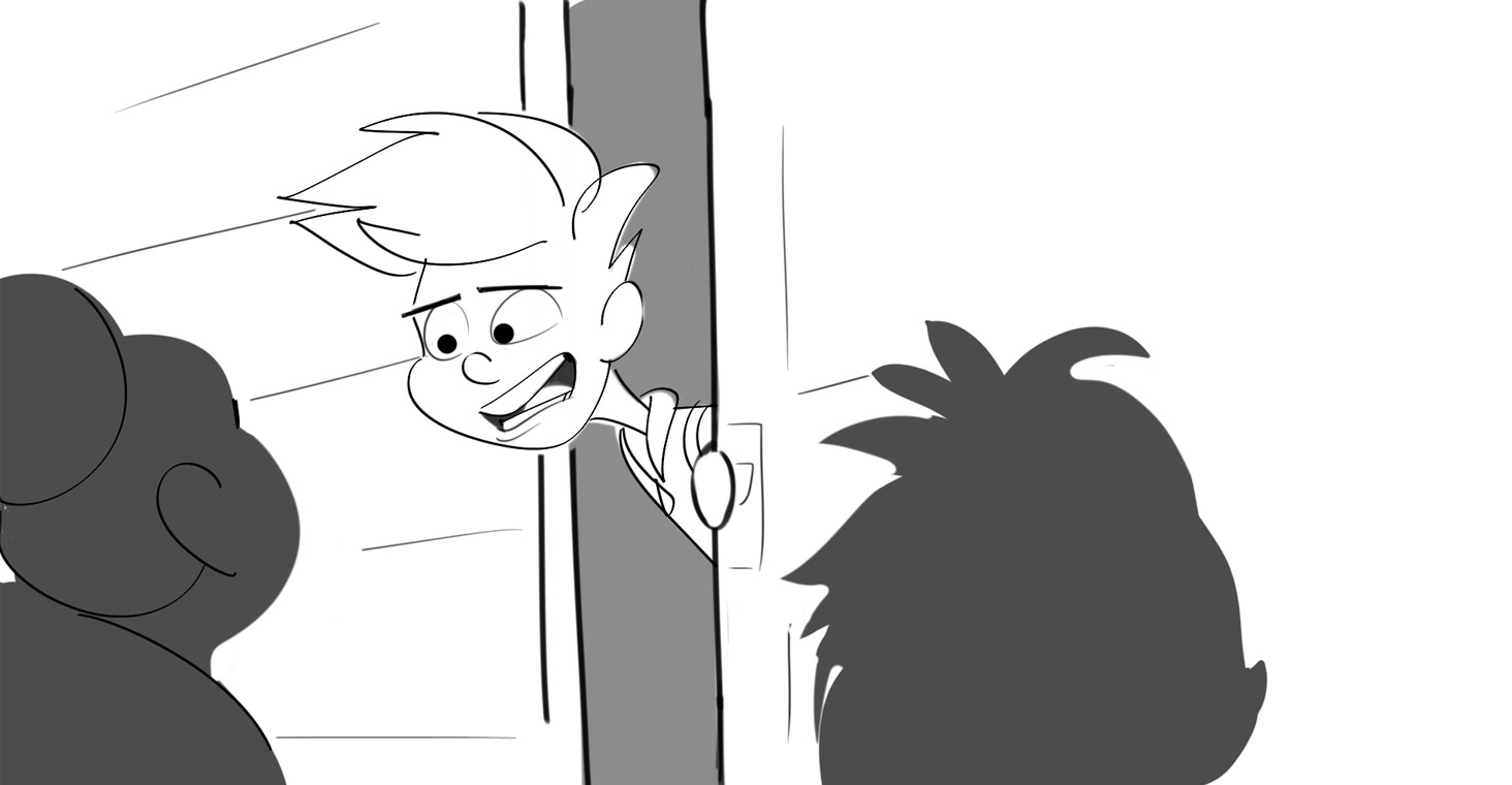 Jet in doorway - storyboard panel